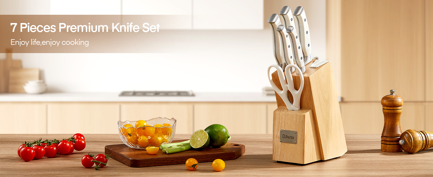 Набір ножів D.Perlla 7 предметів з точилкою, професійний кухонний набір з нержавіючої сталі з пластиковою ручкою та дерев'яним блоком, білий