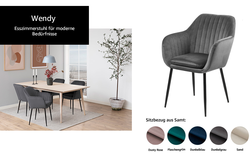 AC Design Furniture Стілець для їдальні Wendy, темно-сірий/чорний, велюр/метал, 57x61x83 см