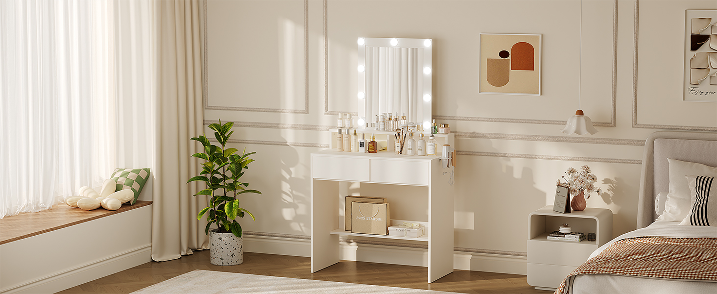 Трюмо JUMMICO з LED-підсвічуванням та дзеркалом, регульована яскравість та колірна температура, косметичний столик з 9 LED-лампочками, білий