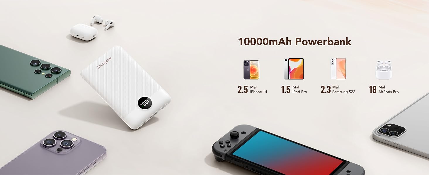 Міні-павербанк WeeFancy 10000mAh з кабелями, 3 виходи/входи, сумісний з iPhone/Samsung