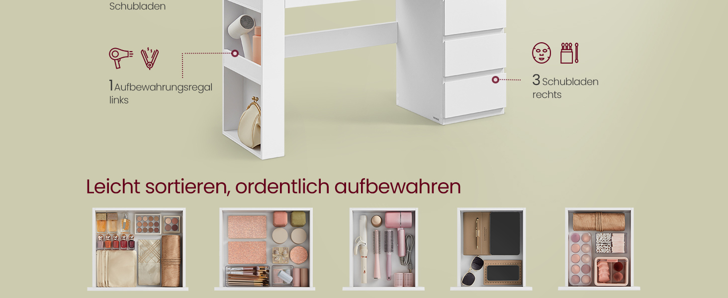 Трюмо VASAGLE з LED-підсвічуванням, дзеркалом та ящиками, 40 x 125 x 140 см, сучасний дизайн, колір