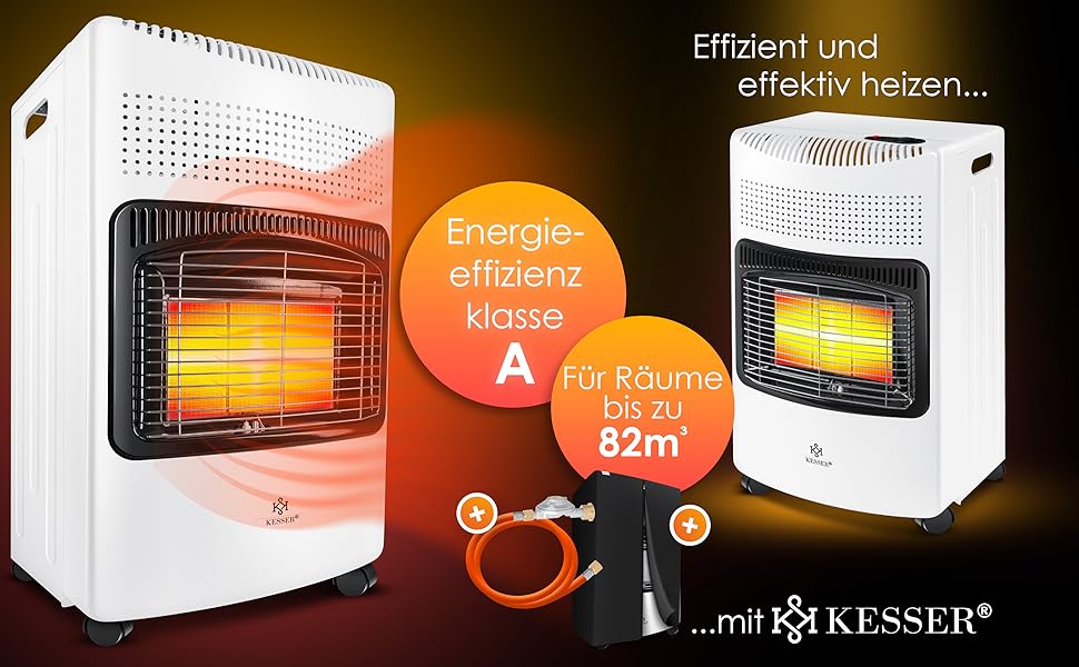 Газовий обігрівач KESSER 4200W з керамічним нагрівачем, регулятором, шлангом та захисним кожухом. Підходить для бутану/пропану до 15кг. Чорний