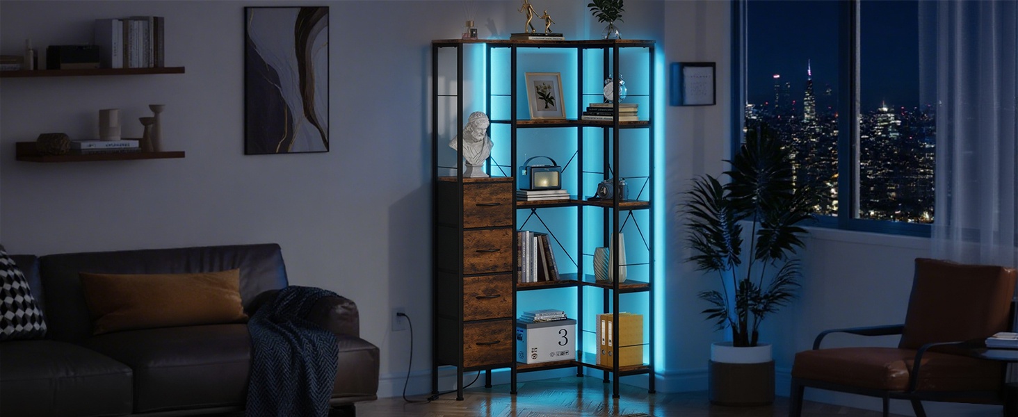 Кутовий стелаж OYRREU з 5 ярусами, LED-підсвічуванням та 4 висувними ящиками. Підходить для вітальні, спальні, офісу, кухні. Вінтажний коричневий колір.