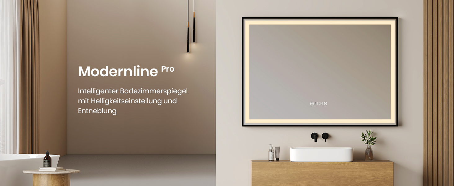 Дзеркало для ванної кімнати EMKE з підсвічуванням 70x50 см, чорне, сенсорне, з регулюванням яскравості, проти запотівання, годинник, функція пам'яті та нейтральне світло 4300K, енергозберігаюче, IP44