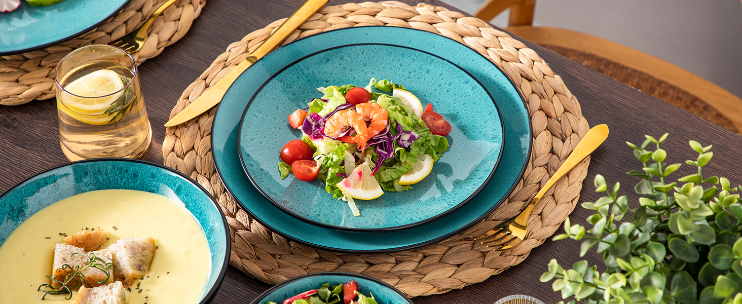 Набір посуду Bubble 6 осіб, 24 шт. з кераміки, зелений: тарілки та миски, мікрохвильова піч