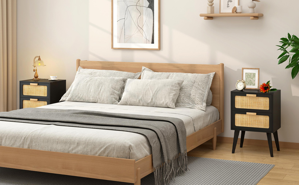 Журнальний столик з ротангу, чорний колір, з 2 висувними ящиками, стиль бохо, для вітальні та спальні