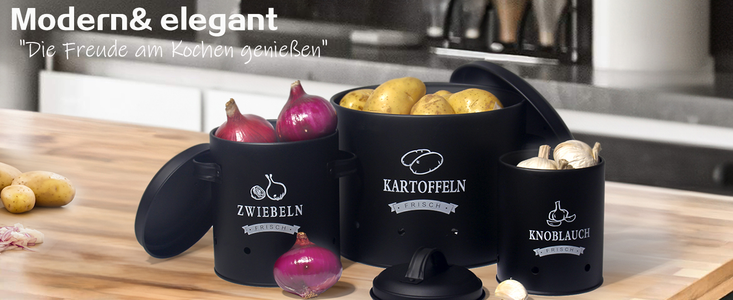 Набір контейнерів для зберігання картоплі Theo&Cleo, ретро дизайн, металевий, для кухні, чорний
