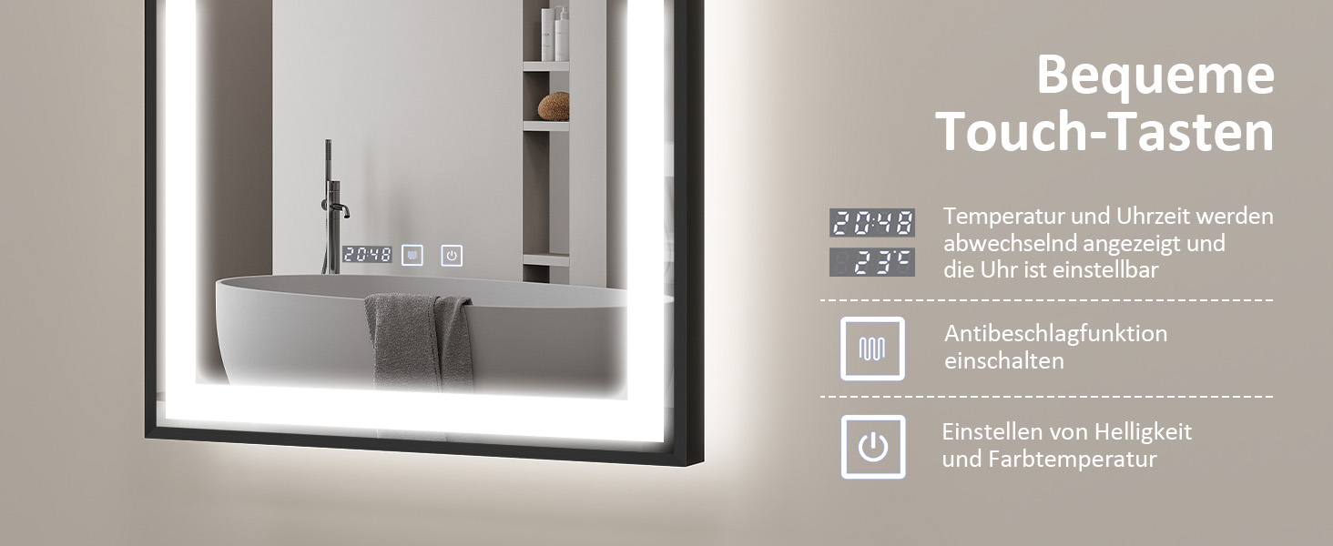 Дзеркало для ванної кімнати YOURLITE з підсвіткою, 85x55 см, LED, сенсорне керування, 3 кольори світла, регулювання яскравості, протизапобігання запотіванню, вертикальна/горизонтальна орієнтація, IP44, білий (чорний-5070)