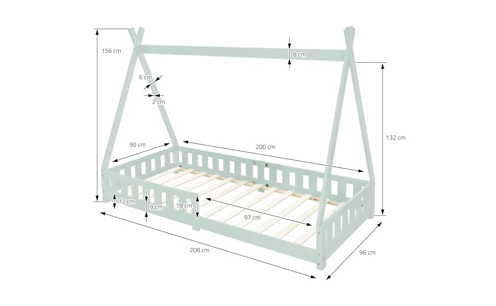 Дитяче ліжко ML-Design Teampee із захистом від падіння з висоти та рейковим каркасом, Сосна, Індійське Ліжко з масиву дерева для дівчаток та хлопчиків, Ліжко-будиночок з огорожею Дитячий будиночок Молодіжне ліжко-намет (90x200 см з матрацом (В 16 см), М'ята)