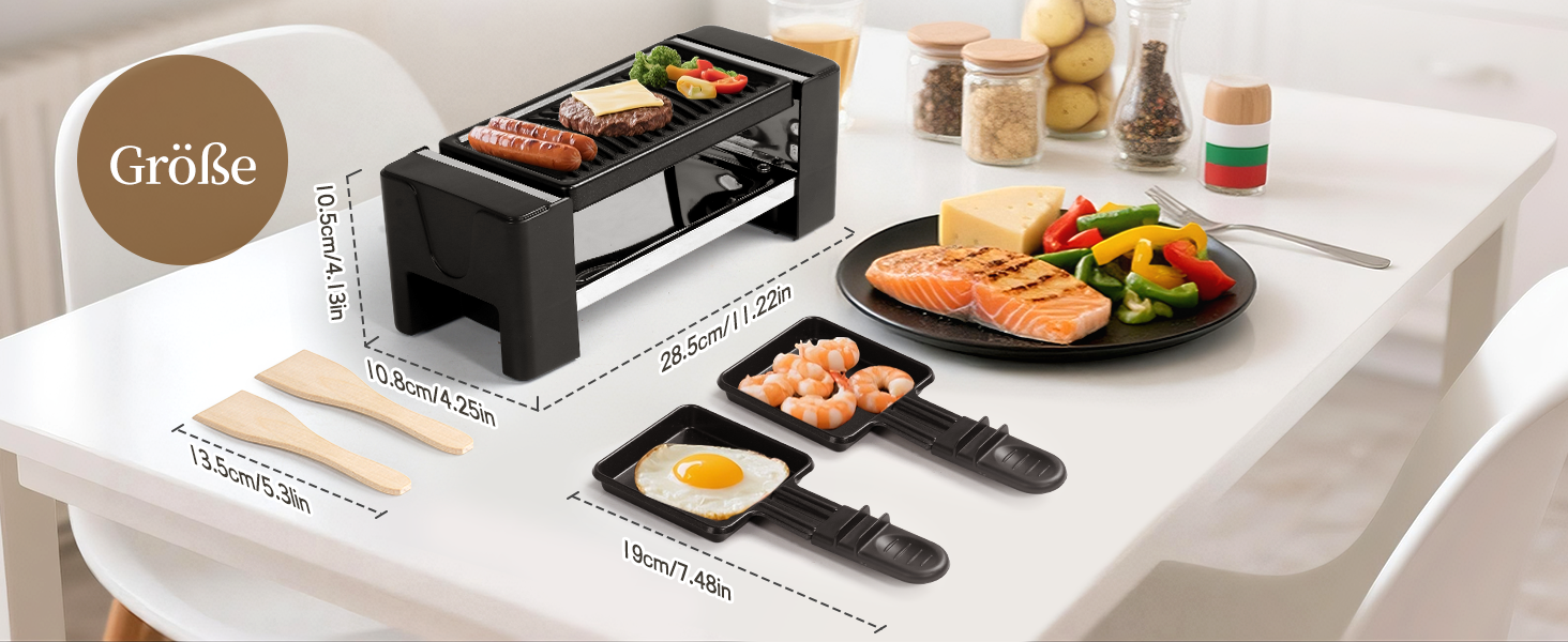Раклют для двох HengBO 350W з антипригарним покриттям: гриль-раклютниця з 2 міні-сковорідками та 2 дерев'яними лопатками для пар та сімей