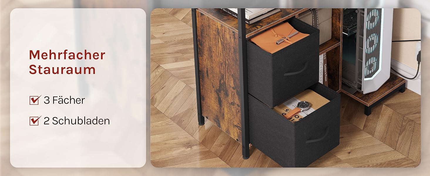 Кутовий стіл WOLTU білий з USB-роз'ємами (A/C) - 120x80x75 см. Комп'ютерний стіл з полицею та розеткою, металевий каркас (вінтажний коричневий)