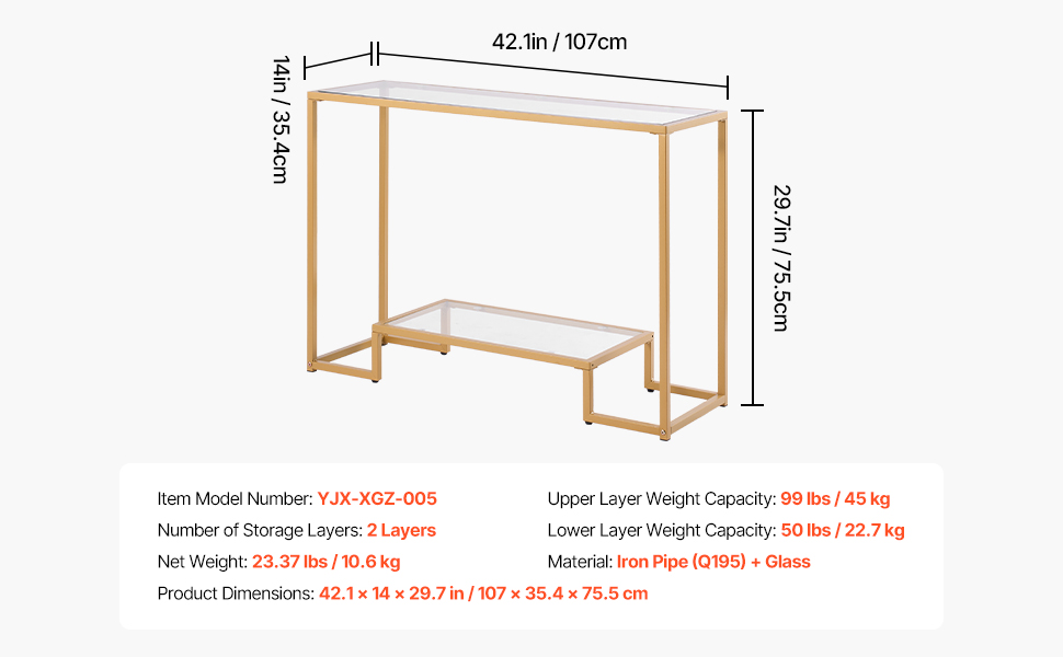 VEVOR Консольний столик з 2 ящиками, сучасний прямокутний, 107 x 35,4 x 75,5 см, з скляною стільницею, столик біля дивана з захистом від перекидання, для вітальні, передпокою, холлу