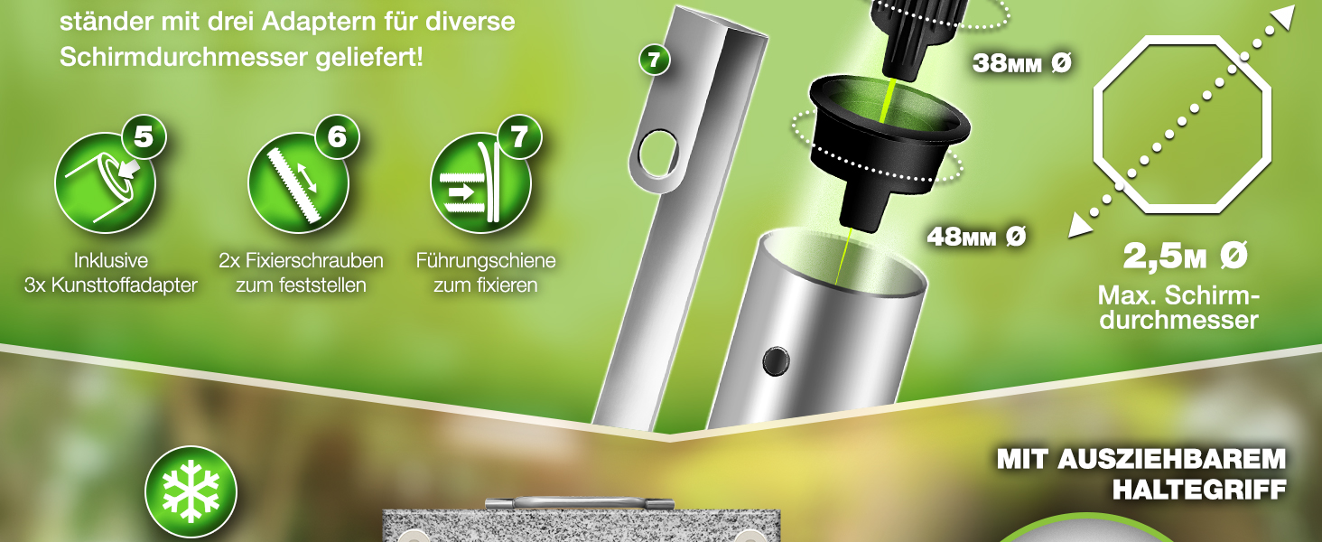 Підставка для парасольки Tillvex® Granit з роликами та ручкою для транспортування, 27 кг, кутова | Підставка для парасольки з нержавіючою сталею | Підставка для парасольки на балкон, сумісна з держателями 16-48 мм та парасольками діаметром 250 см, кутова, сіра