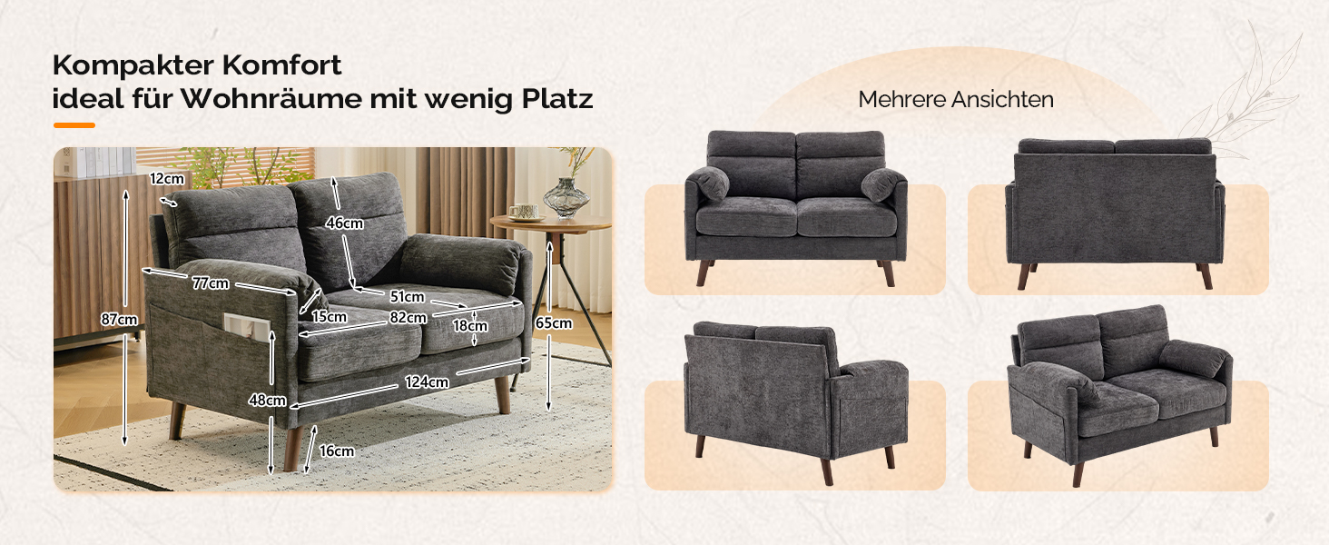 Диван Bonnlo 2-місний, компактний, 125 см, тканинний, сірий. Для офісу, вітальні, спальні, кабінету. Легка збірка, льон.