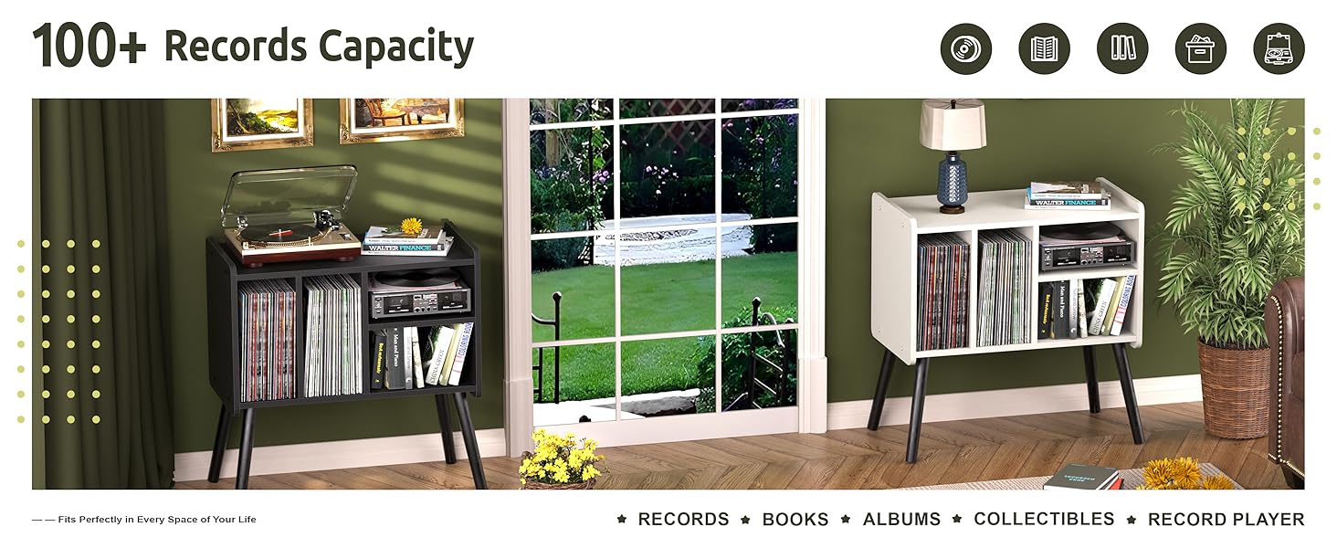 Стіл для програвача вінілу, стійка для програвача середини століття з місцем для зберігання до 150+ платівок, шафа для платівок з регульованими полицями, чорний