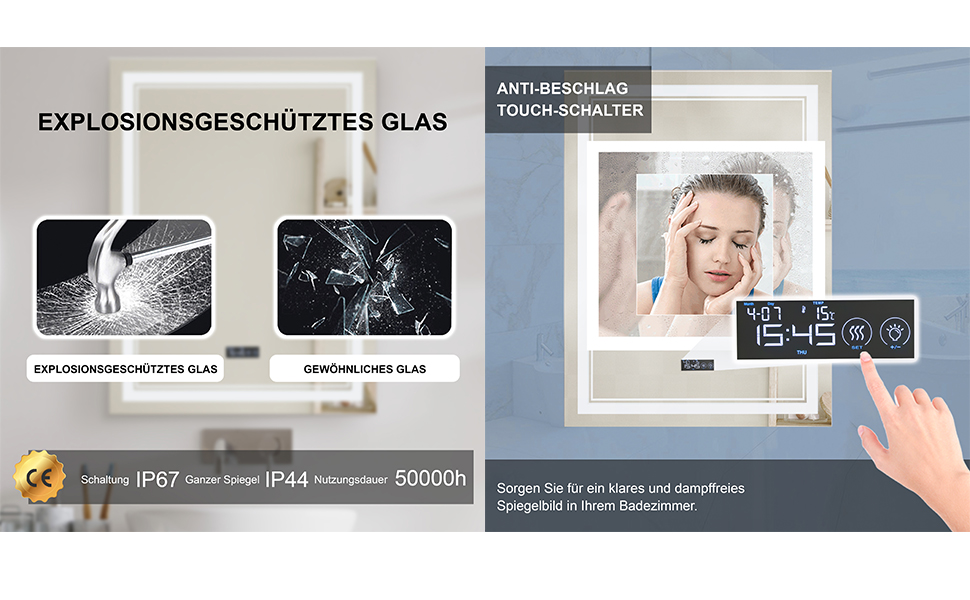 Дзеркало для ванної кімнати Puchika з підсвічуванням LED, 50x70 см, настінне, диммер, 3 кольори світла (3000-6400K), IP44, A+, сенсорне керування, антизапар