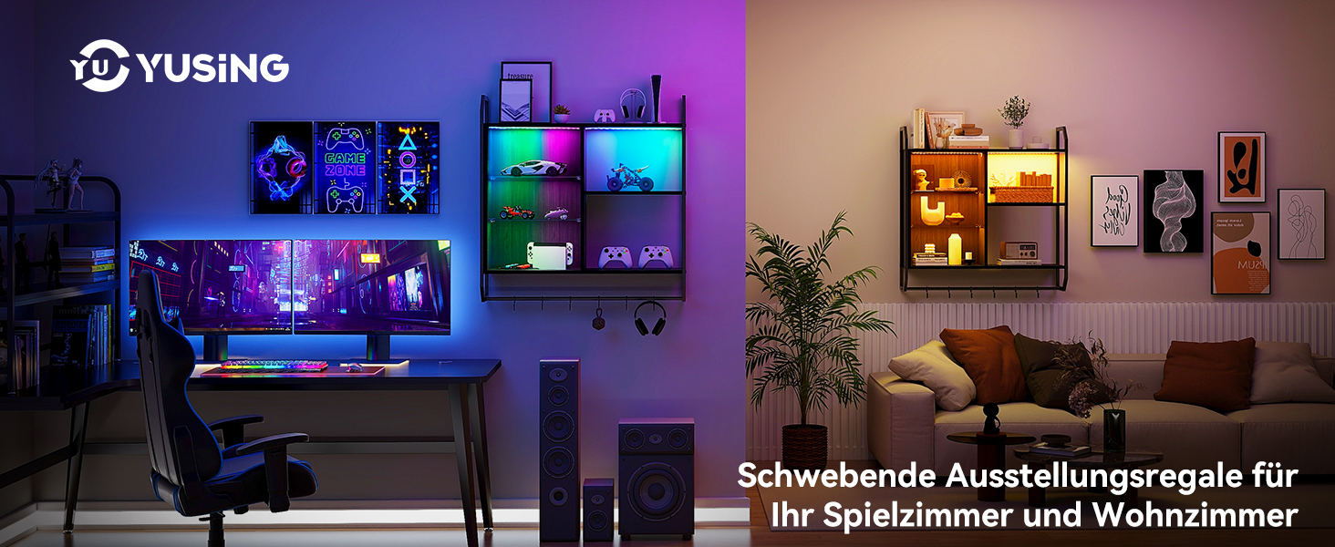 Підвісні полиці YU YUSING з RGB підсвічуванням (7 кольорів), з 8 гачками, для ігор, демонстрації, декору спальні, кухні, бару, ігрової кімнати, шестикутна форма (82.5x80x21.5 см)