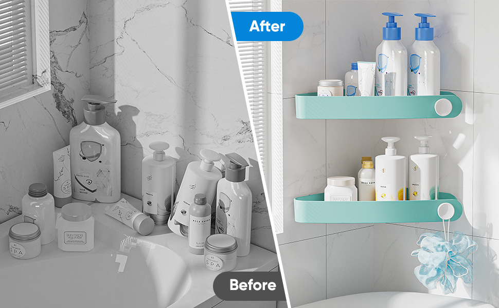 Набір з 4 полиці для душу Sotfamily без свердління, кутові (90°), пластикові, для шампуню та мила, турецький блакитний