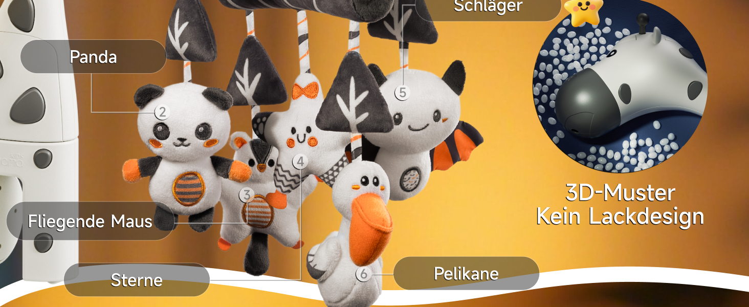 Мобіль для дитячого ліжечка TUMAMA для малюків 0-6 місяців з нічником, проєктором, музикою та білим шумом, чорно-біле іграшкове звірятко для підвішування