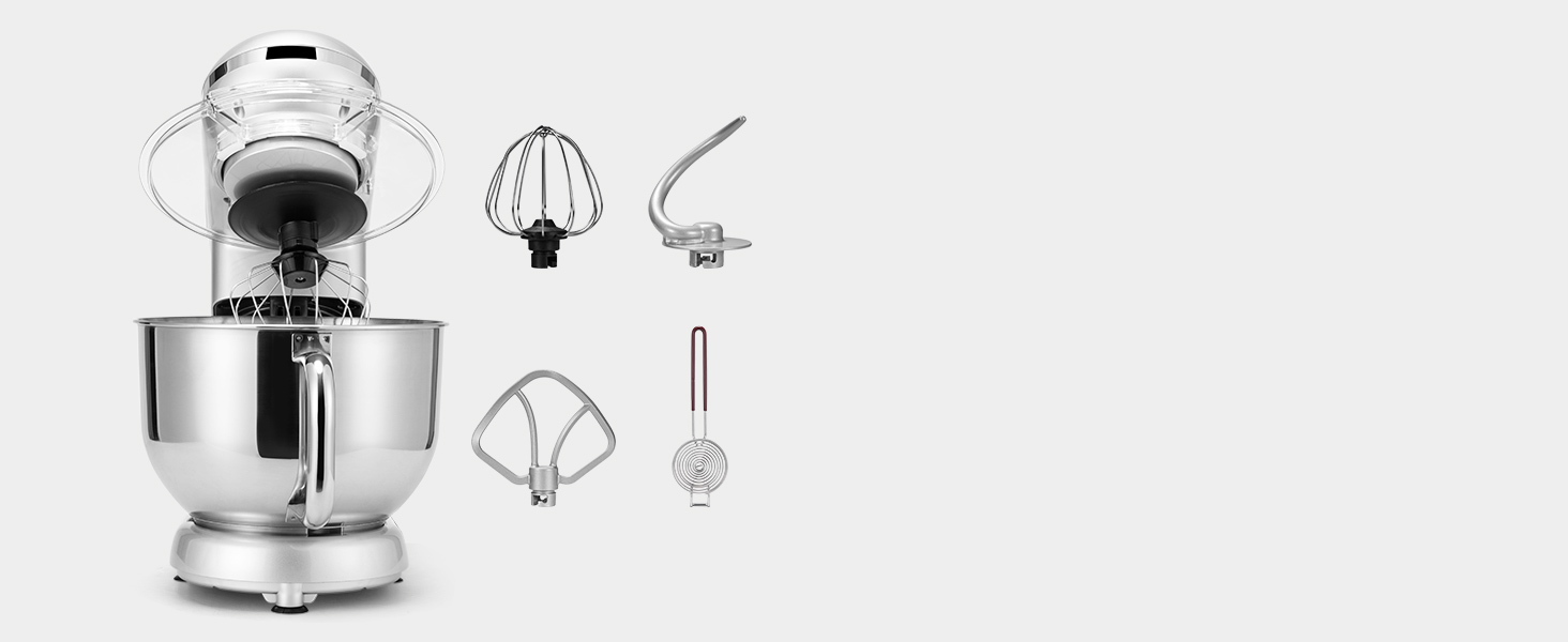 Кухонна машина VIVOHOME 5.7L з місткістю 5.7 літрів, потужністю 660W, 10 швидкостей, функцією імпульсу, для замішування тіста, з бризковим захистом, містить гак для тіста, вінчик та роздільник яєць (срібна)