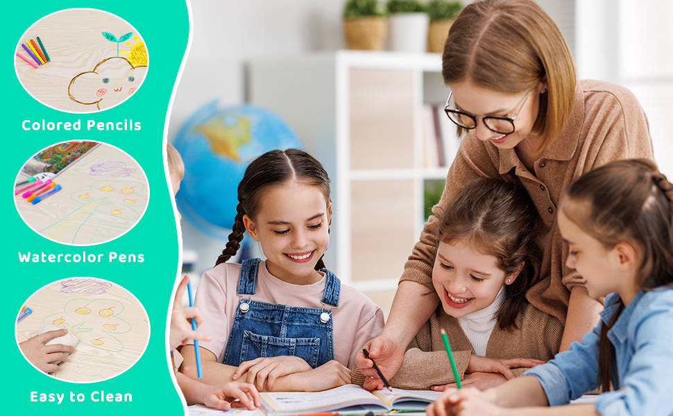 Дитячий стіл з 6 стільцями - комплект меблів для дитячого садка та кімнати, регульована висота, пластик, для хлопчиків та дівчаток (м'ятний)