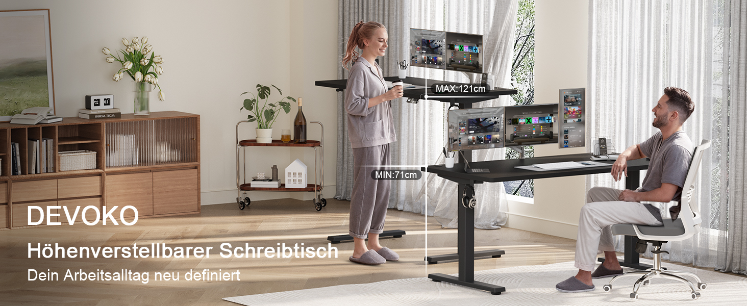 Електричний підйомний стіл Devoko 160x80 см, ергономічний комп'ютерний стіл для роботи стоячи та сидячи, стільниця 25 мм, подвійний мотор, пам'ять, USB-C (Чорний)