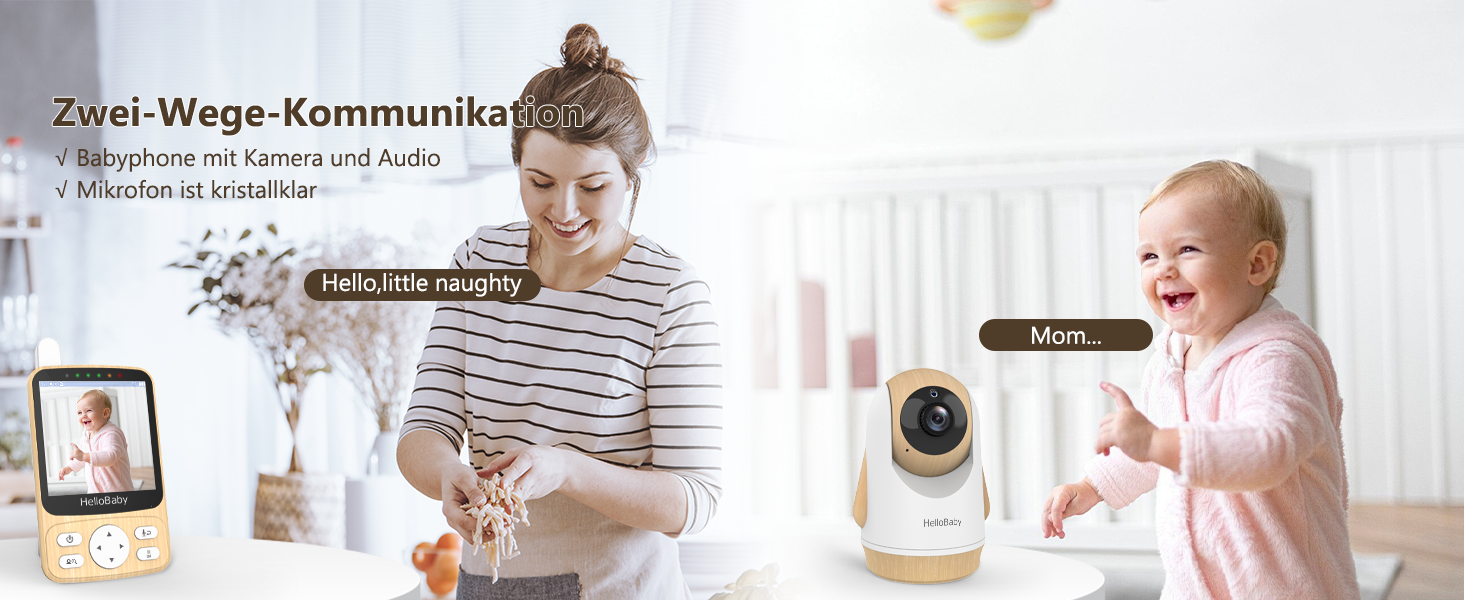 Радіоняня HelloBaby з камерою, 29 годин роботи, монітор для немовлят з поворотним механізмом, нічна зйомка, двосторонній зв'язок (HB6340)