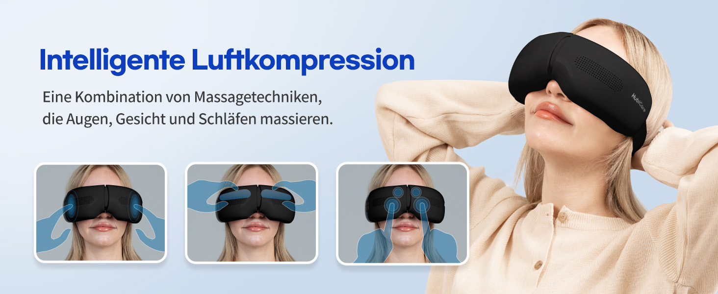 Масажер для очей HubiCare з підігрівом та охолодженням, компресією та вібрацією. Зняття мігрені, сухих очей, втоми. Bluetooth, білий (чорний)