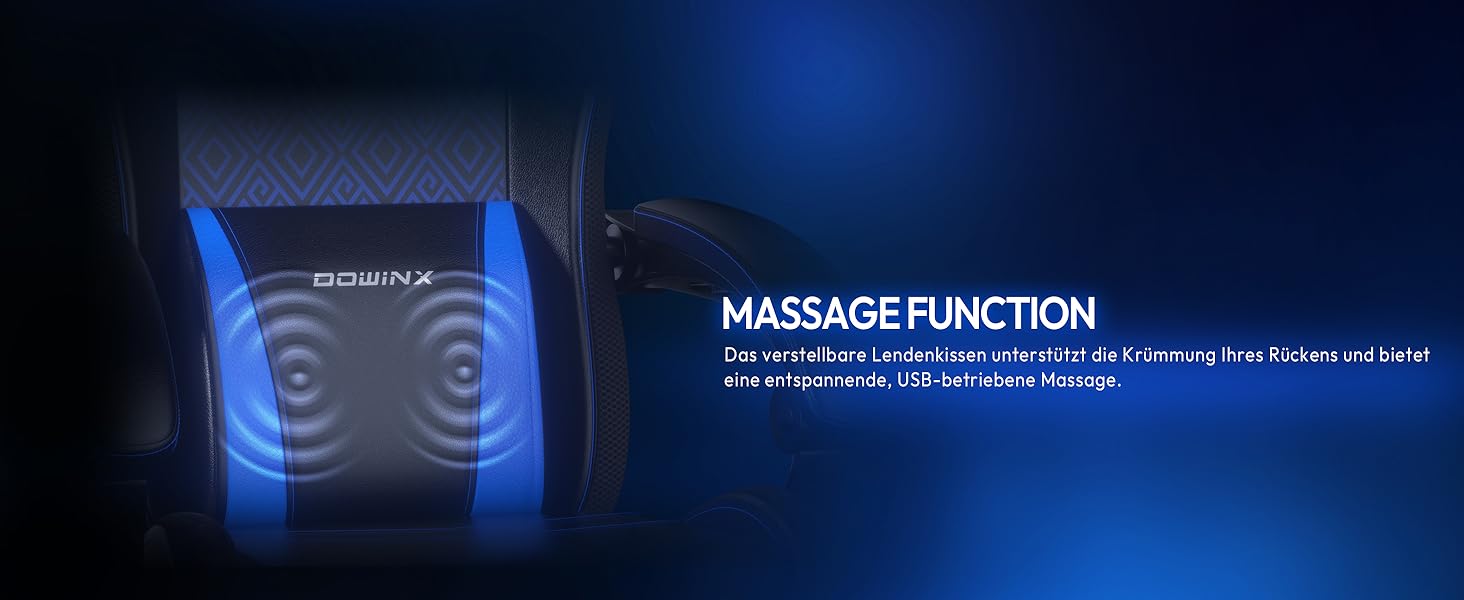 Ігровий крісло Dowinx з RGB підсвічуванням, LED, з підніжкою, для дорослих, ергономічний, з масажем попереку, PU шкіра, білий (блакитний)