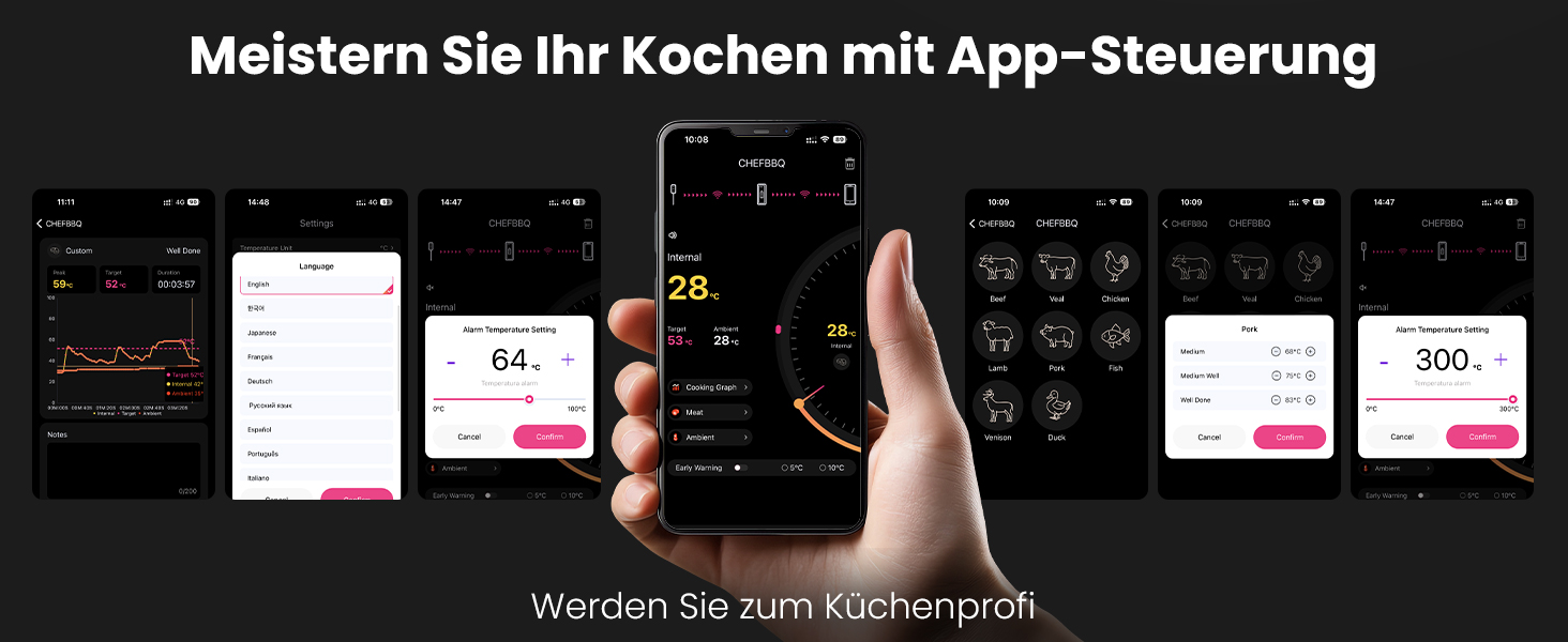 Бездротовий термометр для м'яса з Bluetooth, дальність до 240м, керування через додаток, до 24 години роботи, IP67, стійкий до миття в посудомийній машині та олії - для гриля, коптильні, ротатерія, духовки, фритюрниці