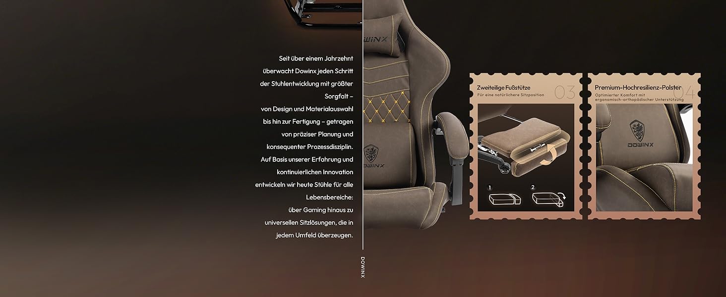 Ігровий крісло Dowinx з регульованою підніжкою, масажером попереку та офісним комфортом, до 200 кг, нахил спинки 165°, коричневий