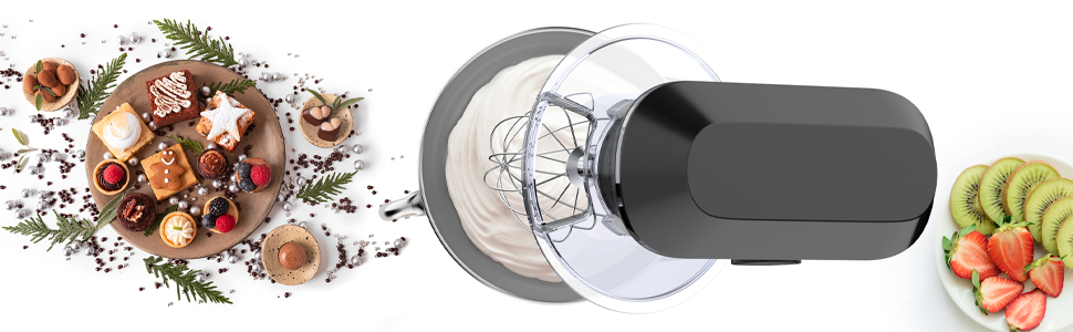 Кухонна машина 9.5л з планетарним міксером, 1500W, DOBBOR, з набором насадок (міксер, гак для тіста, вінчик), захист від бризок, 7 швидкостей, чорний колір