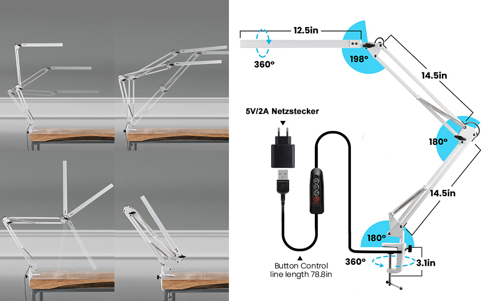 Світлодіодна настільна лампа з затискачем, затискна лампа з гусячою шиєю 14 Вт, Робоча лампа для архітекторів 1100 лм 5 кольорів X 10 рівнів яскравості з регульованою яскравістю, затискна лампа для захисту очей, Офісна настільна лампа, чорний (поворотний кронштейн білий)