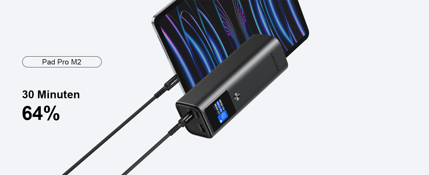 Power Bank AsperX 20000mAh, 165W, 2x USB-C 100W, Алюмінієвий Корпус, Вбудований Кабель 60см, TFT-Дисплей, для iPhone, MacBook, Samsung