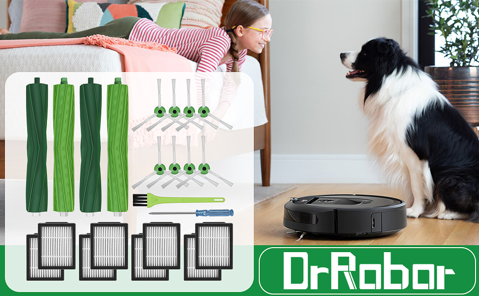 Запасні частини drrobor аксесуари для iRobot Roomba E / I / J серії i7 i7 i3 i3 i4 i4 i6 i6 i8 j7 J7 плюс робот-пилосос E5 E6 E7, 4 гумові щітки, 8 фільтрів високої продуктивності, 8 бічних щіток набір Roomba I7