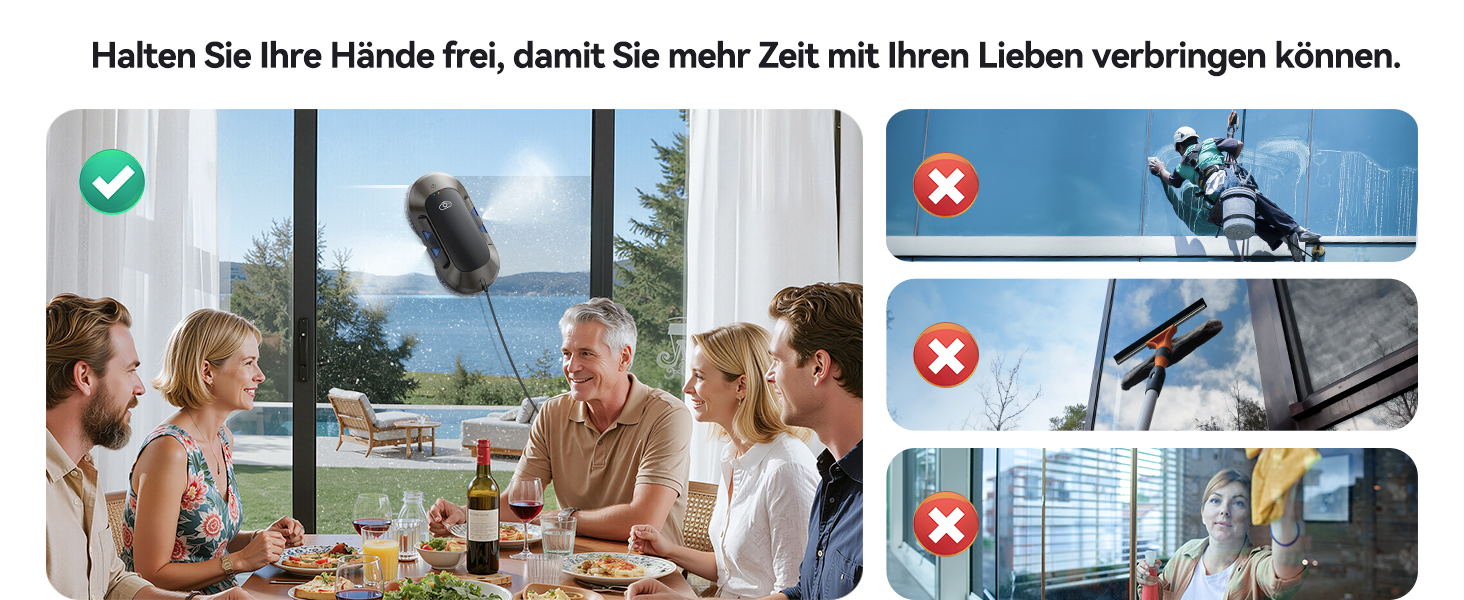 Робот для миття вікон 6000Pa з подвійною насадкою, електричний, з пультом дистанційного керування, 3 режими миття, інтелектуальна навігація, розпізнавання країв, система безпеки, для гладких поверхонь, W23d