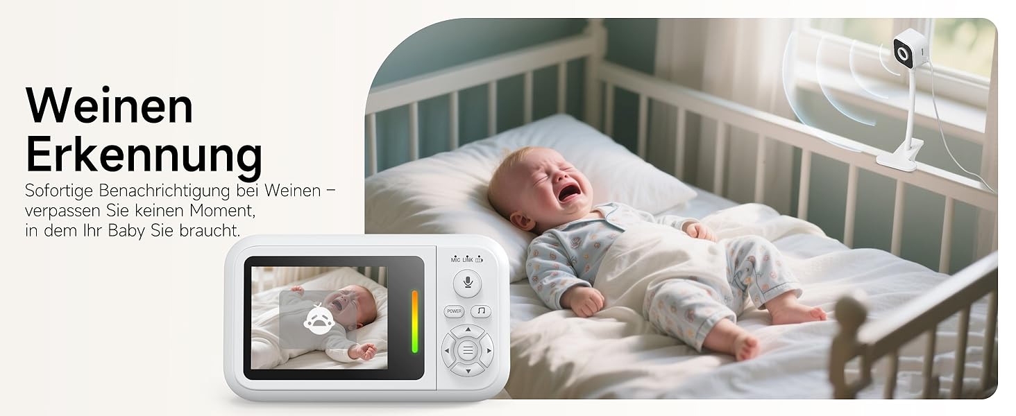 Відеоняня з камерою 1080P без Wi-Fi: монітор, тримач, кліпса для ліжечка, двосторонній звук, датчик температури, виявлення плачу, нічне бачення, 8 колискових, запис фото/відео, SD-карта в комплекті (біла)