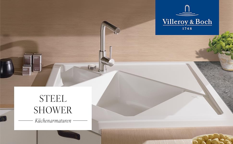 Змішувач кухонний Villeroy & Boch Steel з висувним душем, поворотний на 360°, нержавіюча сталь, високий вилив 270 мм, для кухні