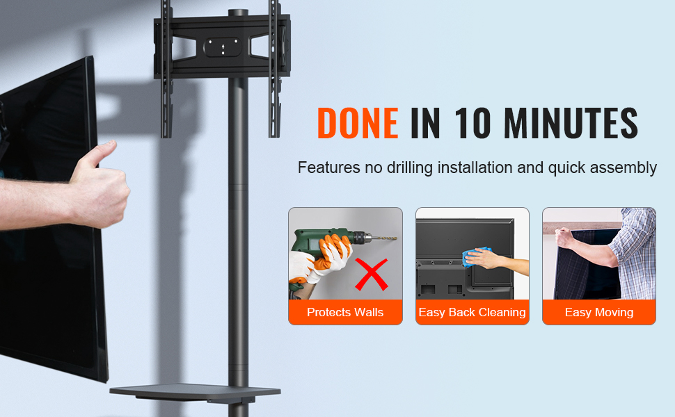 Стійка для телевізора VEVOR поворотна підлогова 32-85 дюймів, чорна. Регульована висота, скляна база. Для вітальні, спальні.