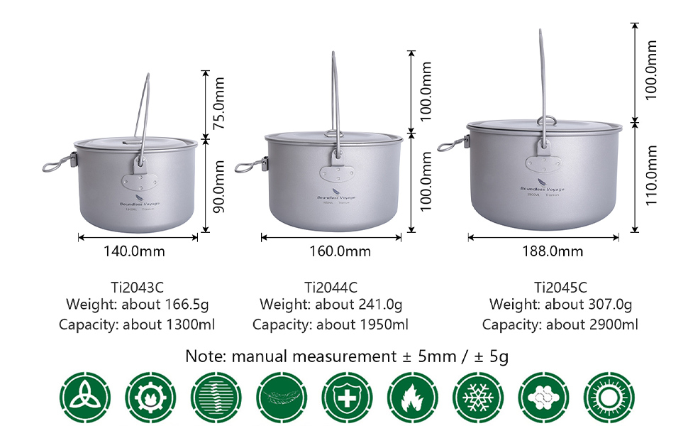 iBasingo 2.9L Титановий туристичний посуд з великою місткістю - казанок для кемпінгу, легкий похідний набір для приготування їжі, кухонні аксесуари з складною ручкою для 1-3 осіб (Ti2045C)