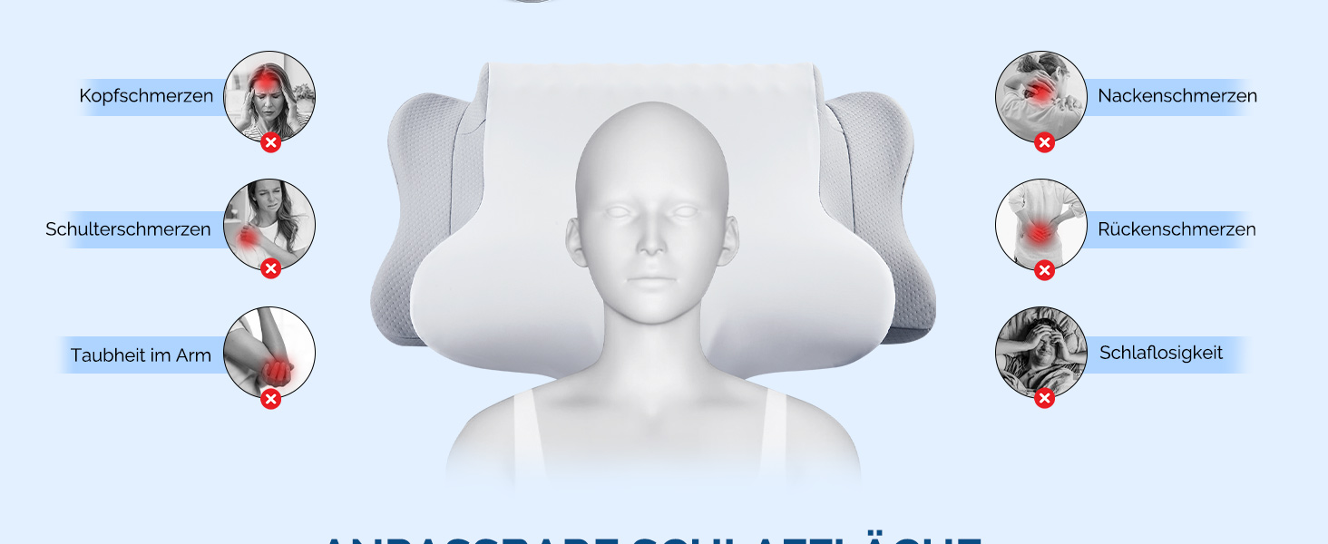 Подушка для шиї, подушка для голови з Memory Foam, ергономічна подушка для сну на боці, спині та животі, сіро-білий колір, 64 x 39 x 13 см