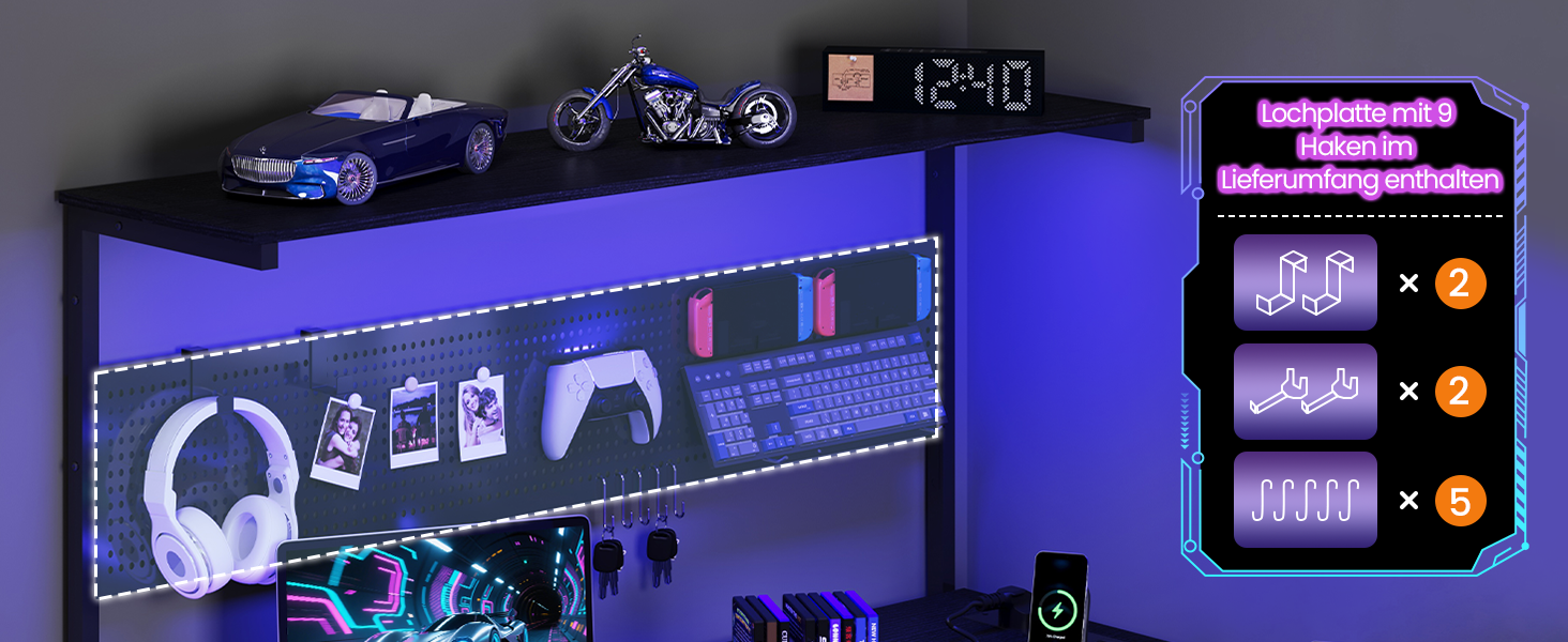 Ігровий стіл Youdenova L-подібний з LED, розеткою та USB, кутовий з полицею та перфорованою стінкою, 120x80 см. Комп'ютерний стіл для геймерів та дому