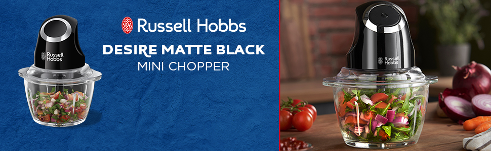 Подрібнювач Russell Hobbs Desire Mini для овочів та цибулі, 500 мл, скляна чаша, матовий чорний, 200 Вт, 24662