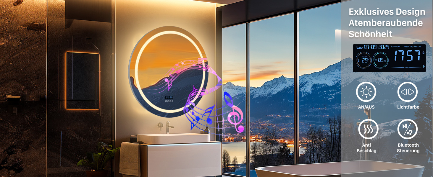 Дзеркало для ванної кімнати LUVODI круглої форми з підсвічуванням: LED дзеркало 60 см з фоновою та фронтальною підсвіткою, 3 кольори, регулювання яскравості, сенсорне управління, антизапар, енергозбереження, для ванної кімнати, гостьового туалету (Bluetooth, підсвічування, 80x80 см)