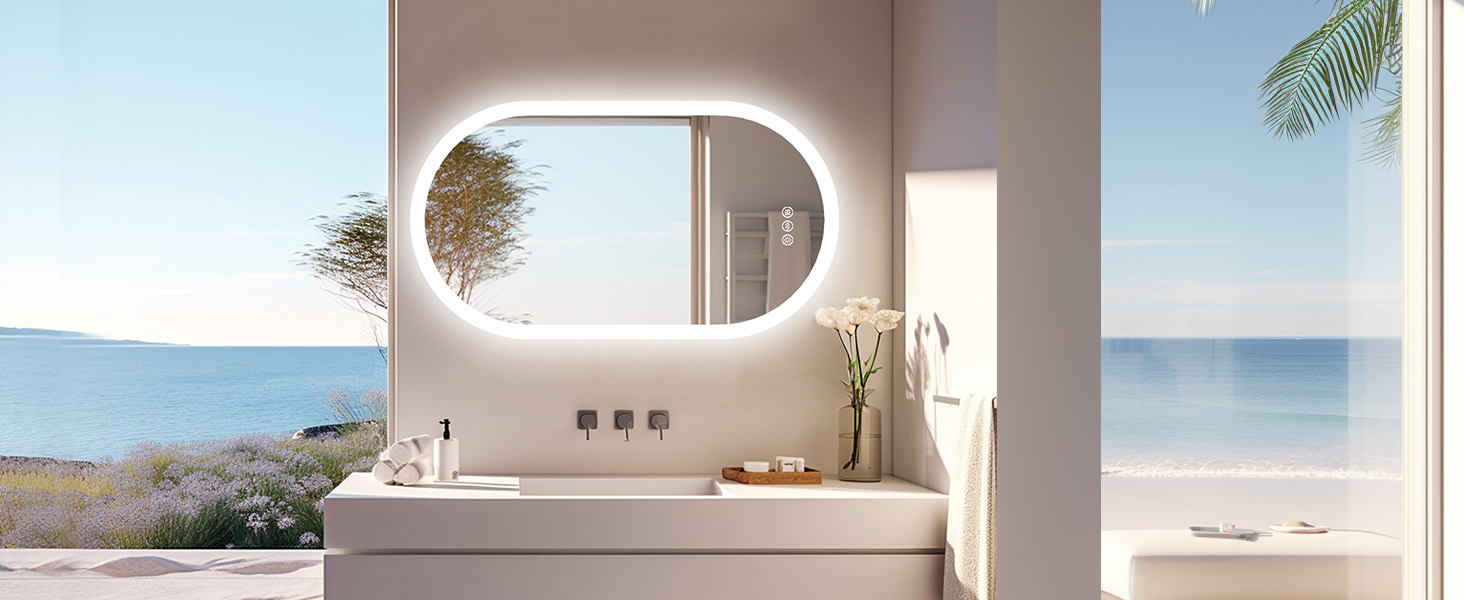 Дзеркало для ванної кімнати LUVODI овальне зі світлом, 50x80 см: LED, сенсорне керування, антизапар, 3 кольори, регулювання яскравості, пам'ять