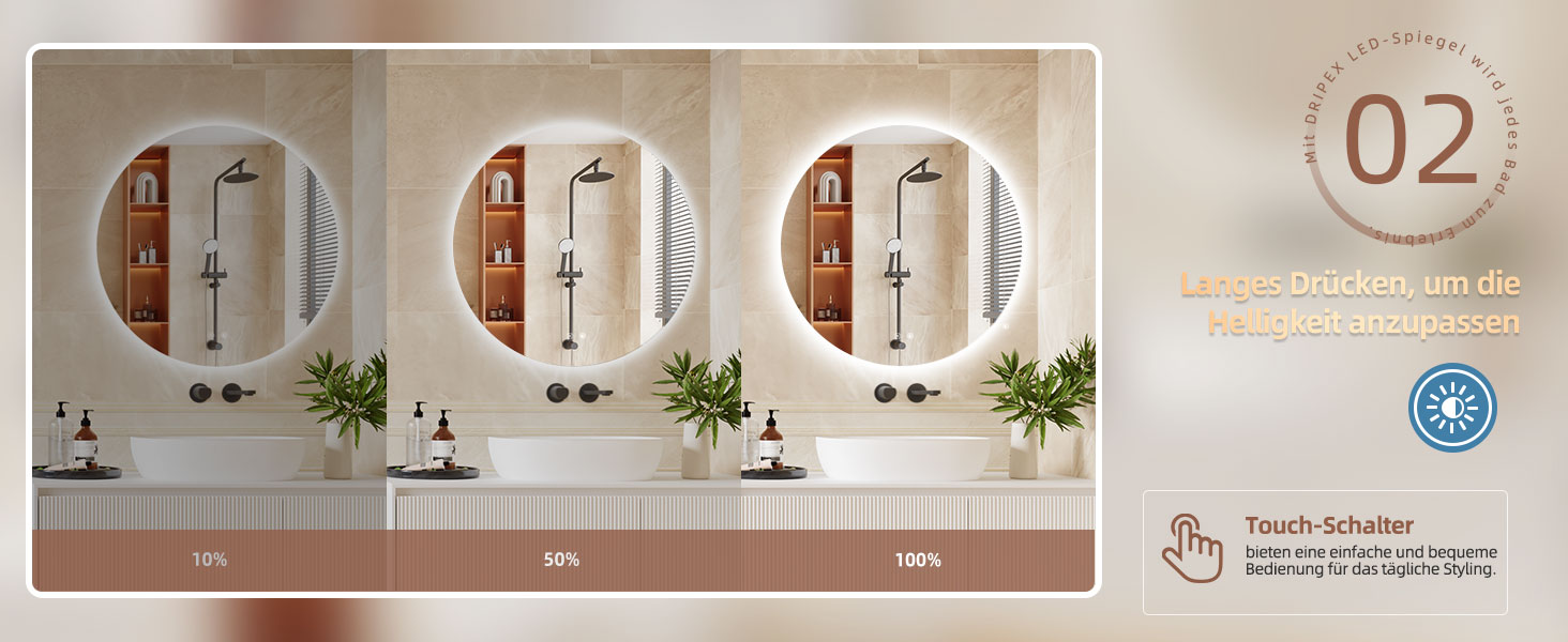 Дзеркало для ванної кімнати Dripex LED з підсвічуванням, кругле, сенсорне управління, регулювання яскравості, 3 кольори світла, запобігання запотіванню, 80x80 см