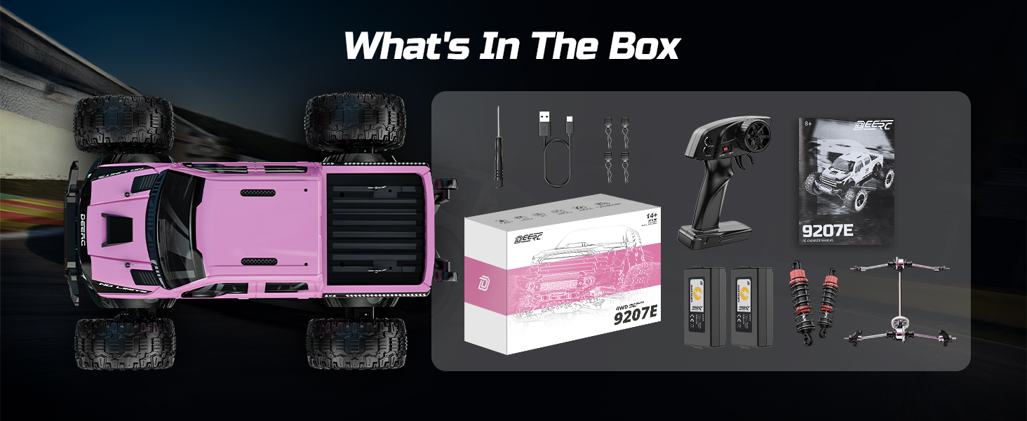 Радіокерований позашляховик DEERC 1:10 4WD 48+ км/год, Monstertruck для дорослих та дітей, рожевий, з 2 акумуляторами