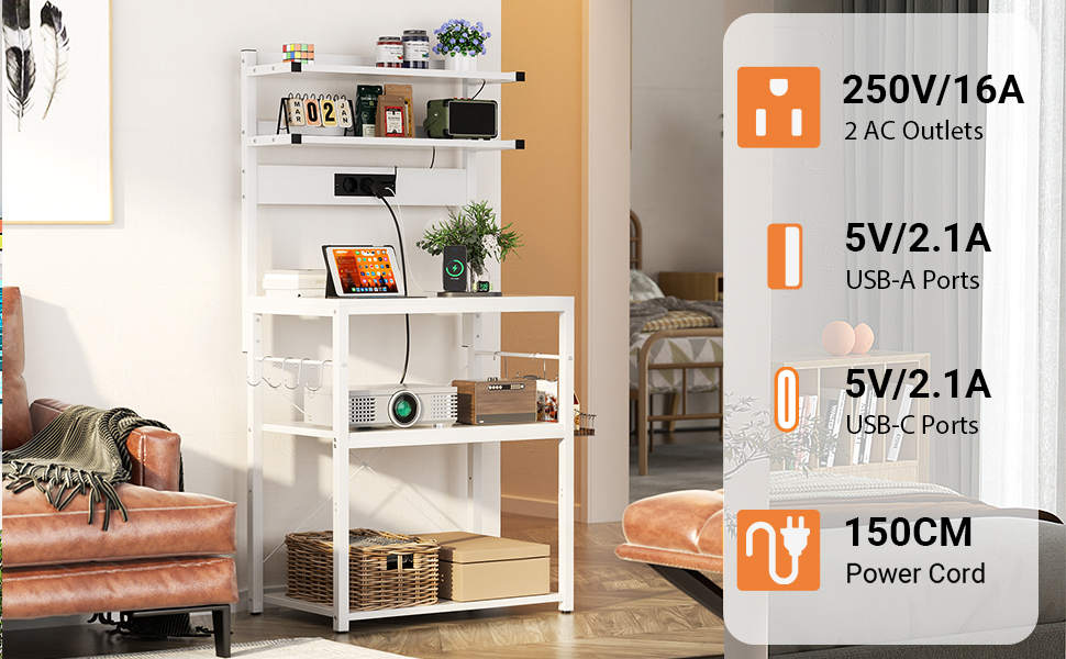 Кухонна полиця-стійка з розеткою, підставка для мікрохвильовки, 5-ярусна кавобар станція з LED-підсвічуванням, полиця для спецій, каструль та сковороди (60 см, білий)