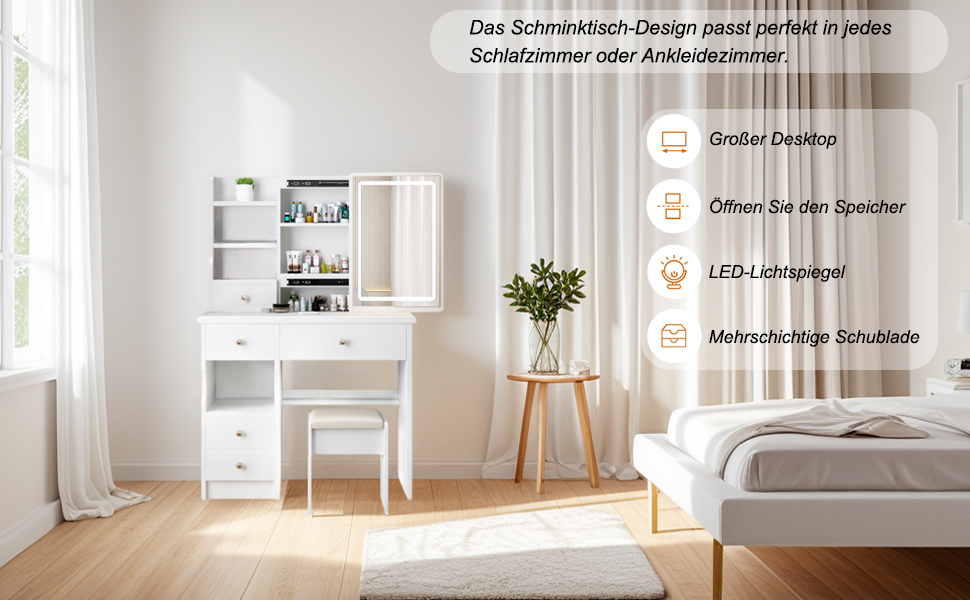 Дзеркальний туалетний столик YuYe з LED-підсвічуванням, регульованою яскравістю, з пуфом, 5 шухлядами та 3 полицями, білий, модель T68