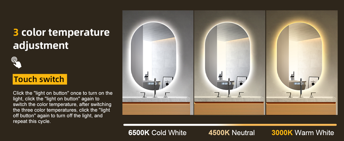 Дзеркало LED Bellanny з підсвічуванням 60см | Настінне дзеркало для ванної кімнати, косметичне дзеркало | Дзеркало для макіяжу з сенсорним вимикачем, 3 кольори світла, регулювання яскравості, антизапарювання, IP44, горизонтальне/вертикальне (прямокутне - 75*50см)